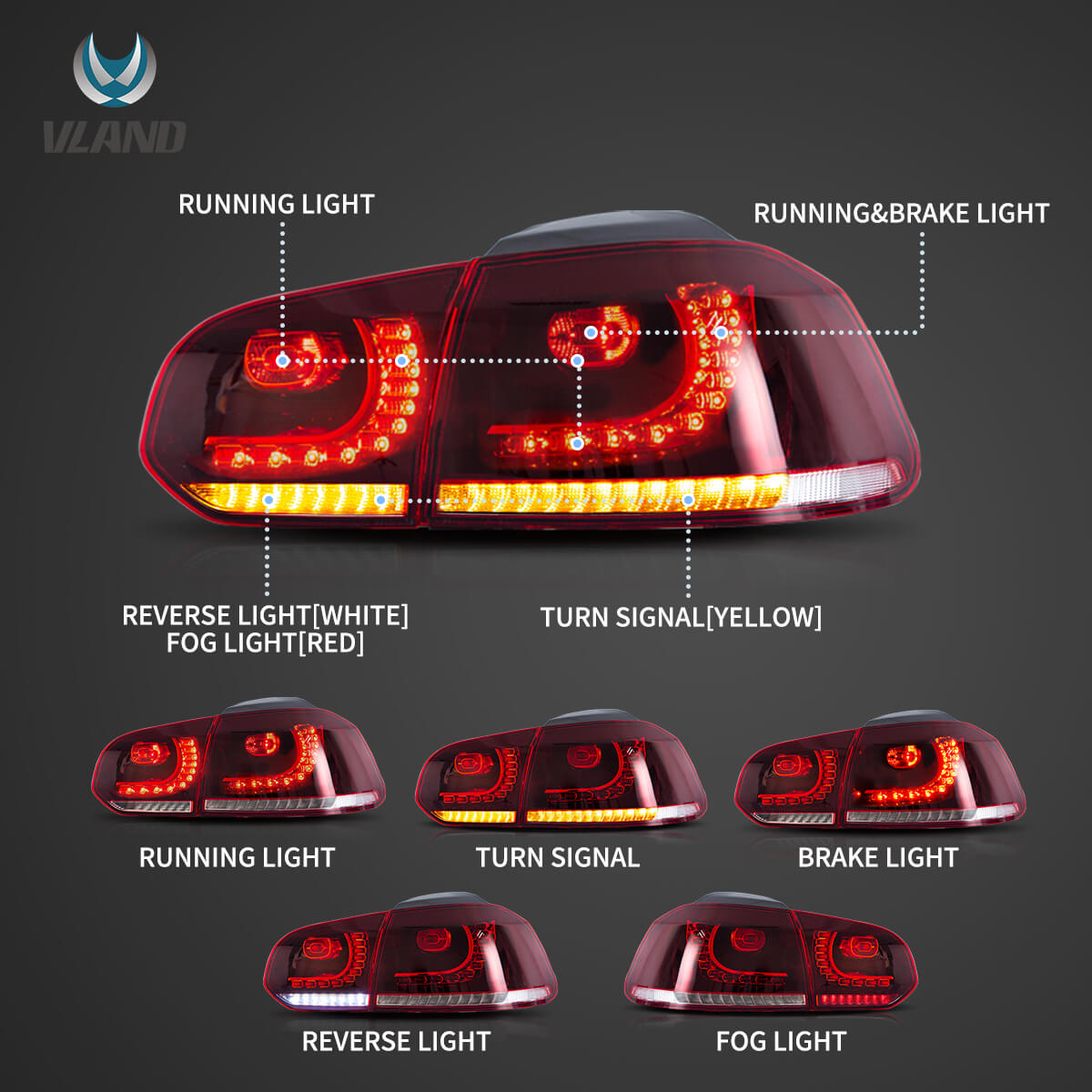 GOLF 6 VLAND LED TAIL LIGHTS WITH AMBER SEQUENTIAL TURN SIGNAL